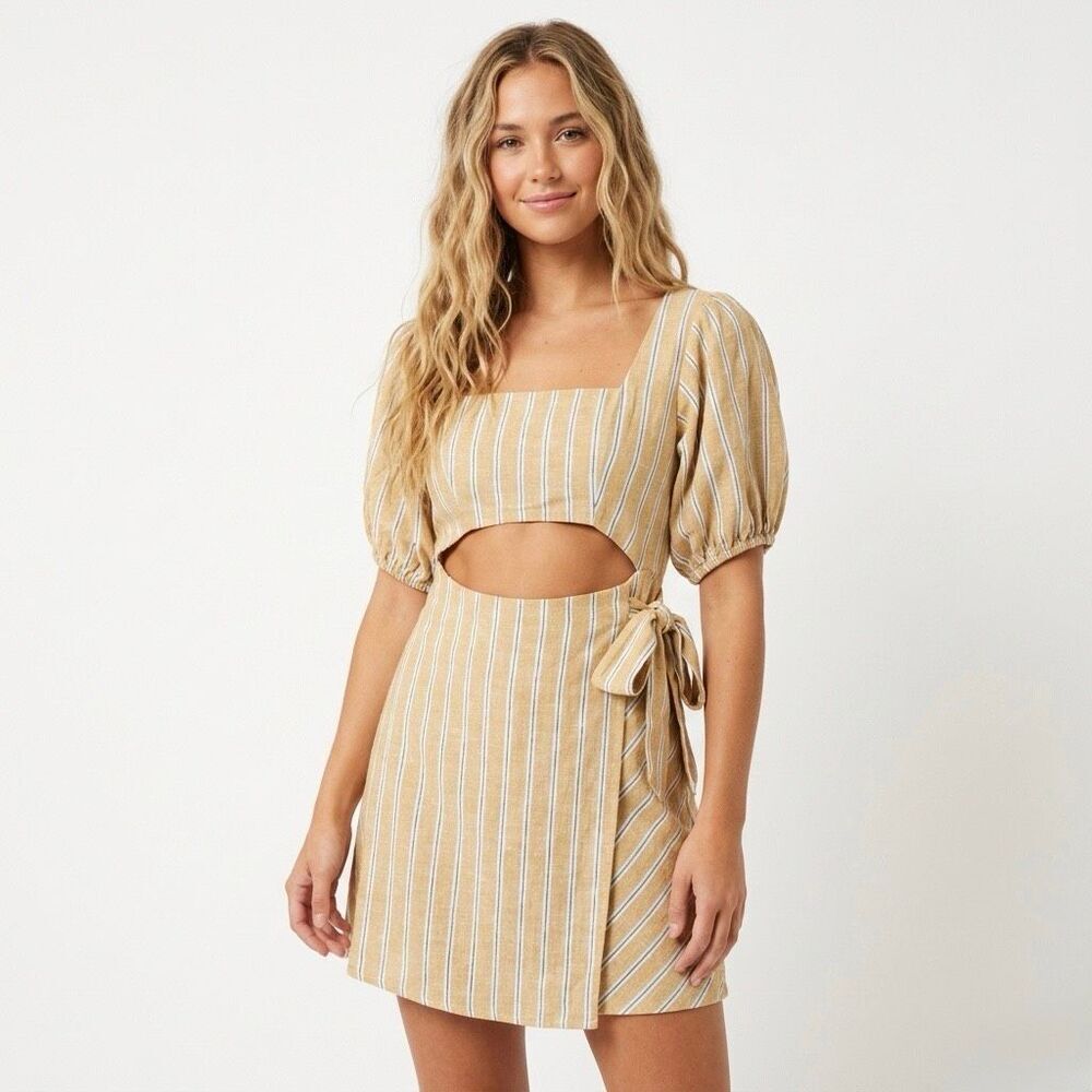 Zara Europecore Italian Summer Yellow Striped Linen Cutout Mini Dress Medium